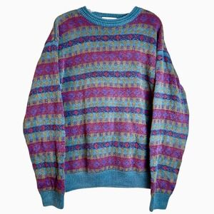 Vintage Sweater Purple 90s Crewneck Pullover Grandpa Geometric Oversized Sz M